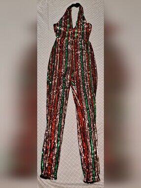 Uptown Sequin Striped Halter Jumpsuit in Red & Green Small
